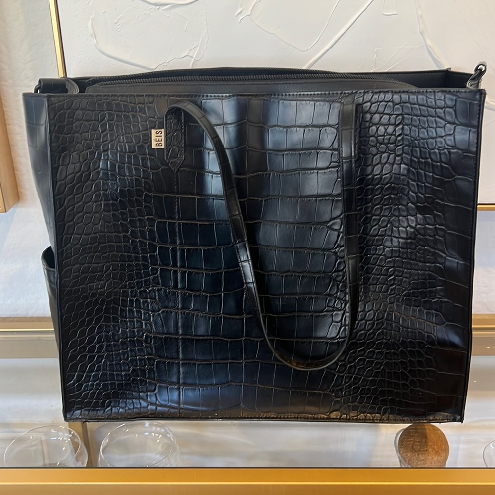 Beis Large Black Croc Work Tote